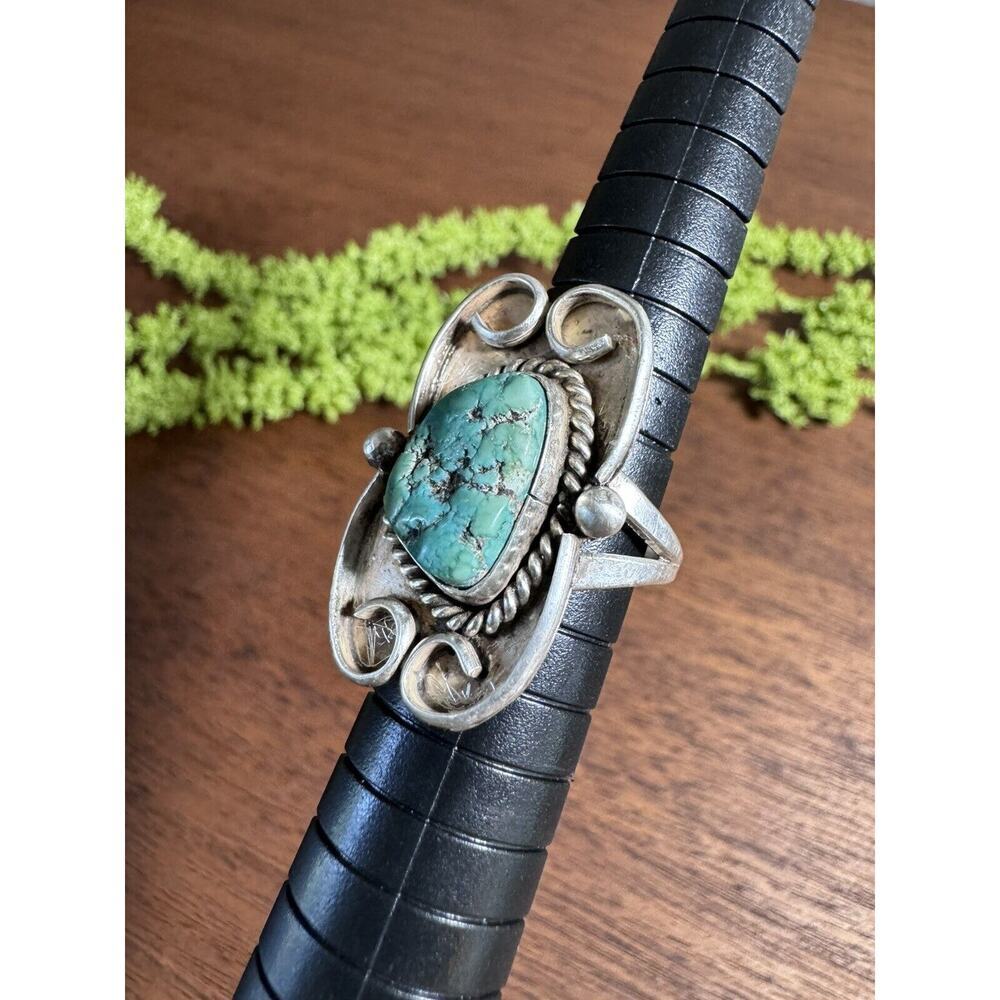 Sterling Silver Old Pawn Native American Green Turquoise Ring Size 5.5 - Picture 3 of 7